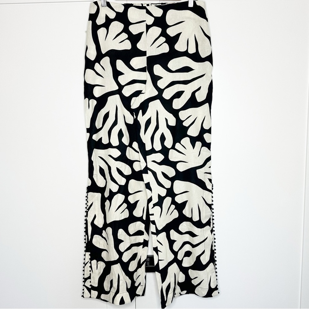 House Of Harlow 1960 Linen Blend Black Cream Wide Leg Side Slit Pants 10 boho - Picture 1 of 10